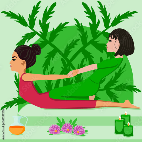 Thai massage. Therapy and treatment by professional therapist in SPA. Isolated flat vector illustration. Asian and Eastern ethnicity.