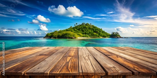Fototapeta Naklejka Na Ścianę i Meble -  Wooden table on the background of the sea, island and the blue sky. High quality photo