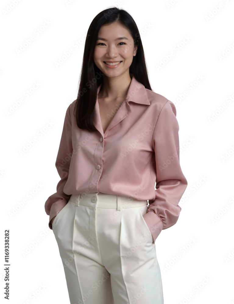 A smiling Asian woman with long hair, wearing a pink blouse and white pants, stands against a plain background. A smiling Asian woman with long hair, wearing a pink blouse and white pants, stands against a plain background.