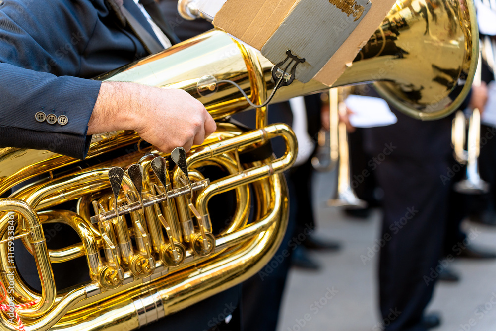 Obraz premium Band musicians with their instruments on the street. Typical music bands in Spain.