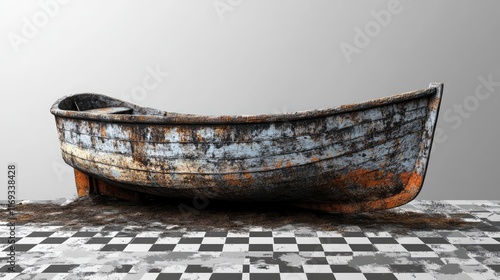 A weathered and rusty abandoned boat sits on a checkered floor. Ideal for conveying themes of decay, nostalgia, or maritime history in scenes or designs. photo