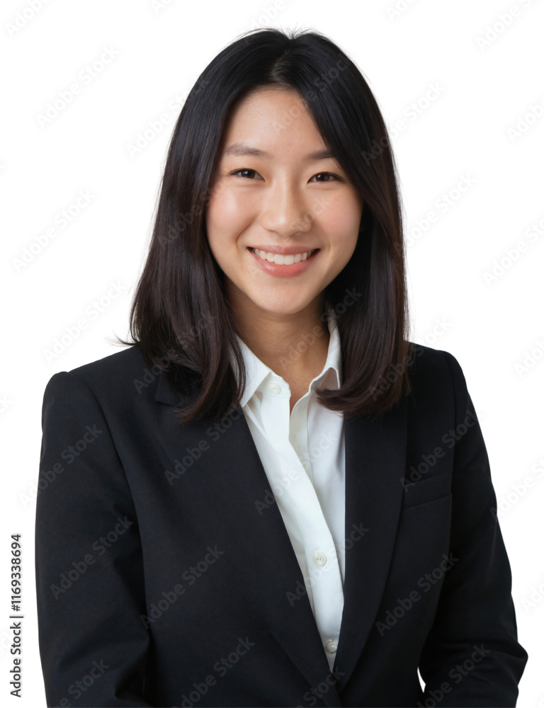 A photograph of a smiling Asian woman in a black suit jacket, wearing a white shirt, against a plain background. A photograph of a smiling Asian woman in a black suit jacket, wearing a white shirt, against a plain background.