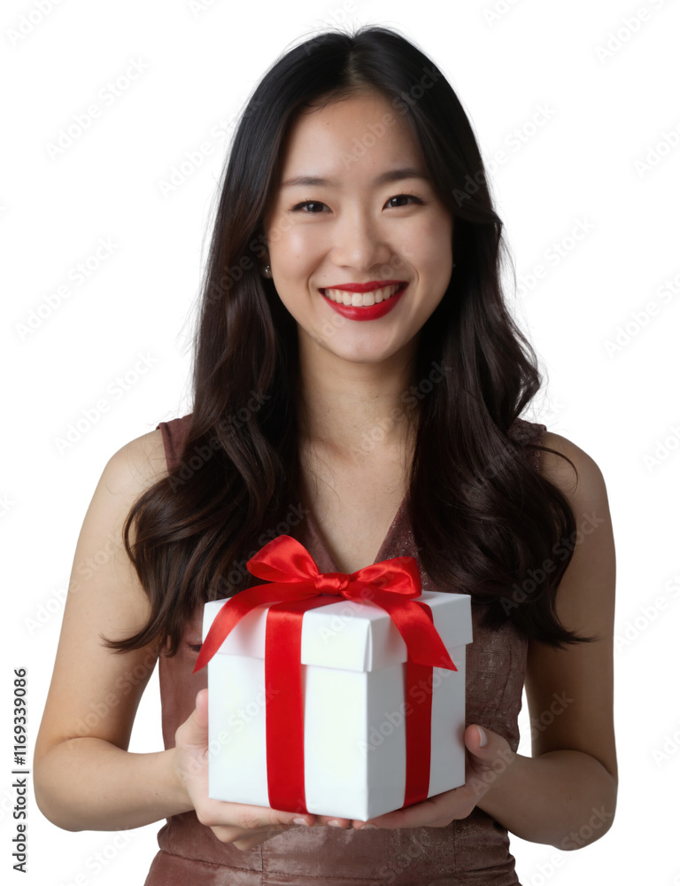 A smiling Asian woman with both holds a red gift box, wearing a beige sleeveless dress. A smiling Asian woman with both holds a red gift box, wearing a beige sleeveless dress.