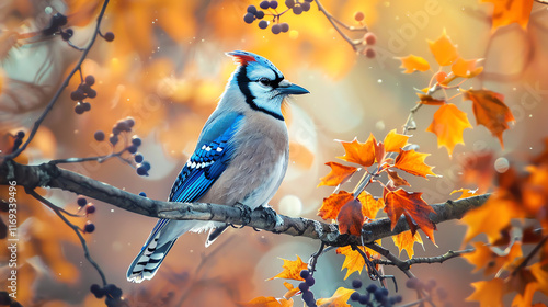 A blue jay with iridescent blue feathers perched on a tree branch in a wild setting photo