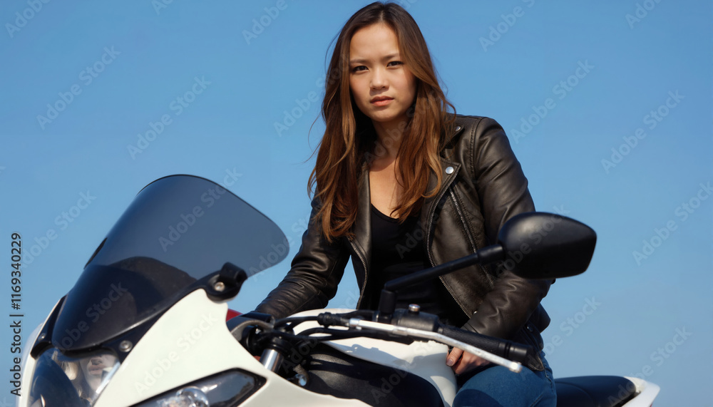 A young Asian woman with long brown hair wears a black leather jacket, sitting confidently on a motorcycle.
