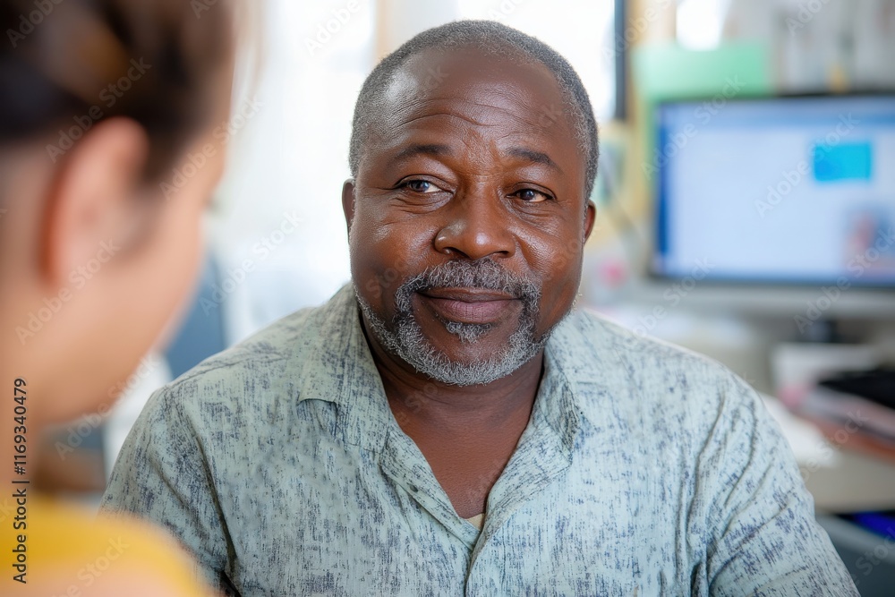 Fototapeta premium A focused man engages in deep conversation, displaying interest and thoughtfulness, as he listens intently with a relaxed demeanor in a professional environment.