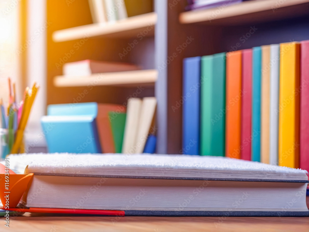 Open Book on Wooden Desk with Bookshelves in Background. Open Book on Wooden Desk with Bookshelves in Background.