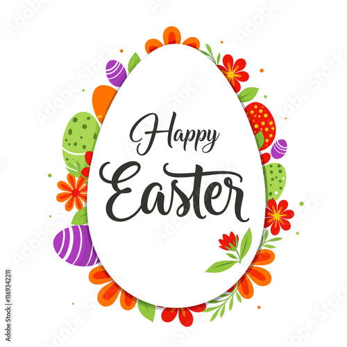 A decorative Easter design featuring a white egg shape surrounded by colorful Easter eggs