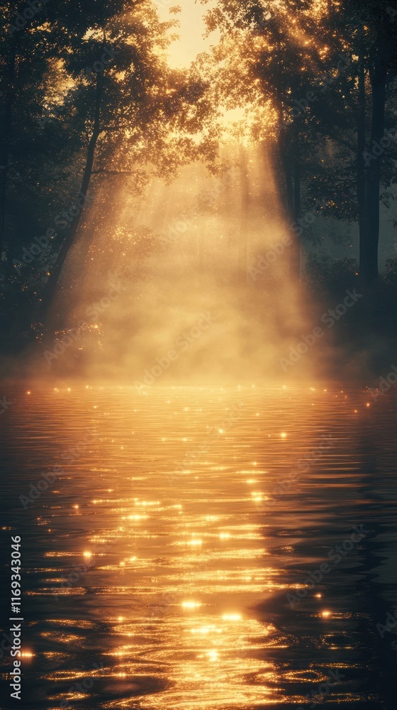 Captivating sunlight beams streaming through the dense forest canopy casting a warm glow and sparkling reflections on the serene calm water surface This idyllic Captivating sunlight beams streaming through the dense forest canopy casting a warm glow and sparkling reflections on the serene calm water surface This idyllic