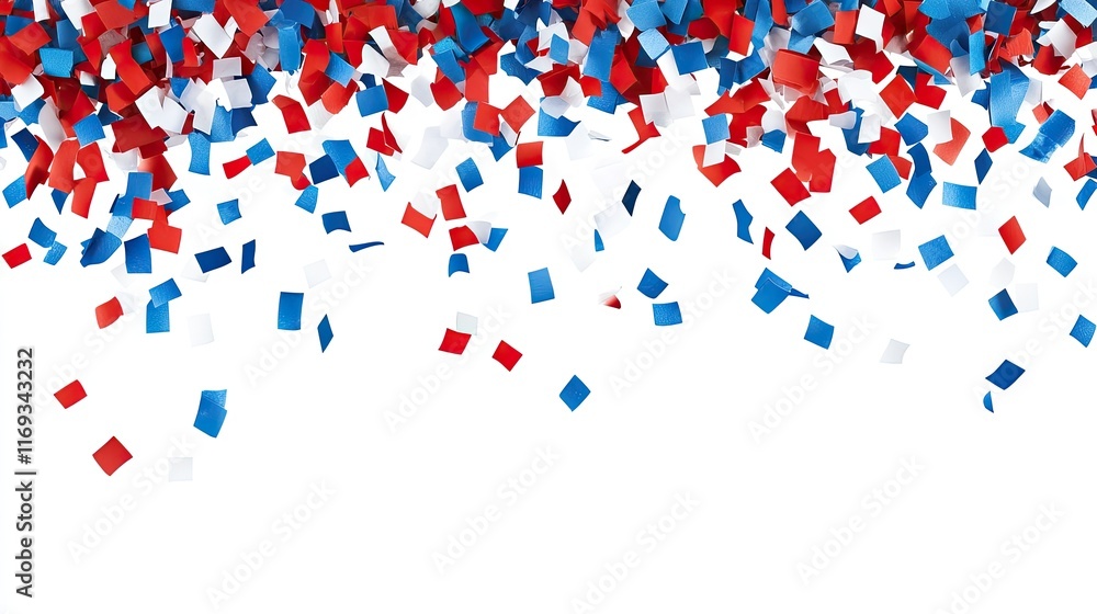 Red white and blue confetti falling against a white background. Perfect for celebratory social media posts or website banners. Red white and blue confetti falling against a white background. Perfect for celebratory social media posts or website banners.