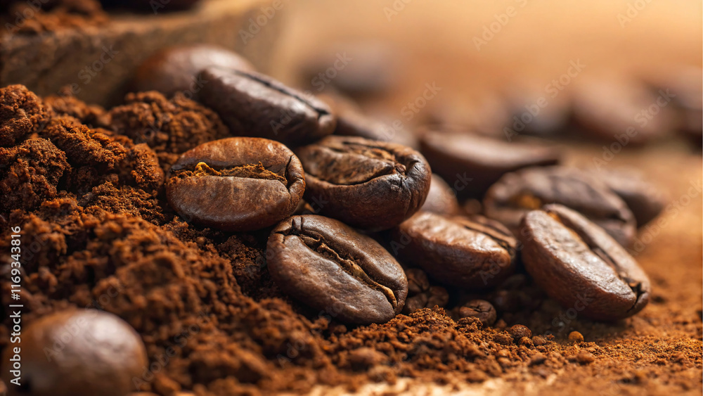 Coffee Beans and Grounds: Aromatic Roasted Coffee Beans and Ground Coffee. Rich, dark roasted coffee beans and grounds, perfect for coffee lovers and cafe menus. Coffee Beans and Grounds: Aromatic Roasted Coffee Beans and Ground Coffee. Rich, dark roasted coffee beans and grounds, perfect for coffee lovers and cafe menus.