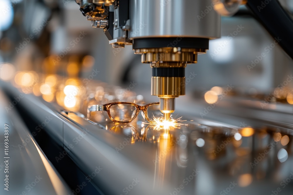 A high-tech laser cutting device focuses on eyeglasses, illuminating the workspace with bright sparks, emphasizing the sophisticated processes in eyewear manufacturing. A high-tech laser cutting device focuses on eyeglasses, illuminating the workspace with bright sparks, emphasizing the sophisticated processes in eyewear manufacturing.