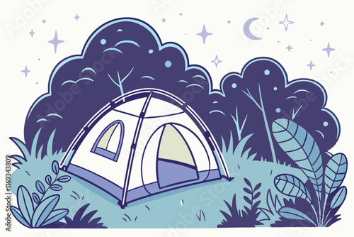 a fantasy camping scene featuring a crystal-like 