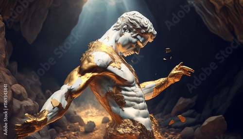 a greek man sculpture made of white marble and gold in the mountains