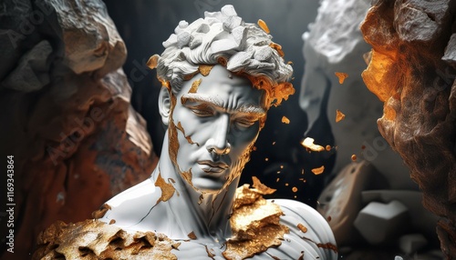 a greek man sculpture made of white marble and gold in the mountains