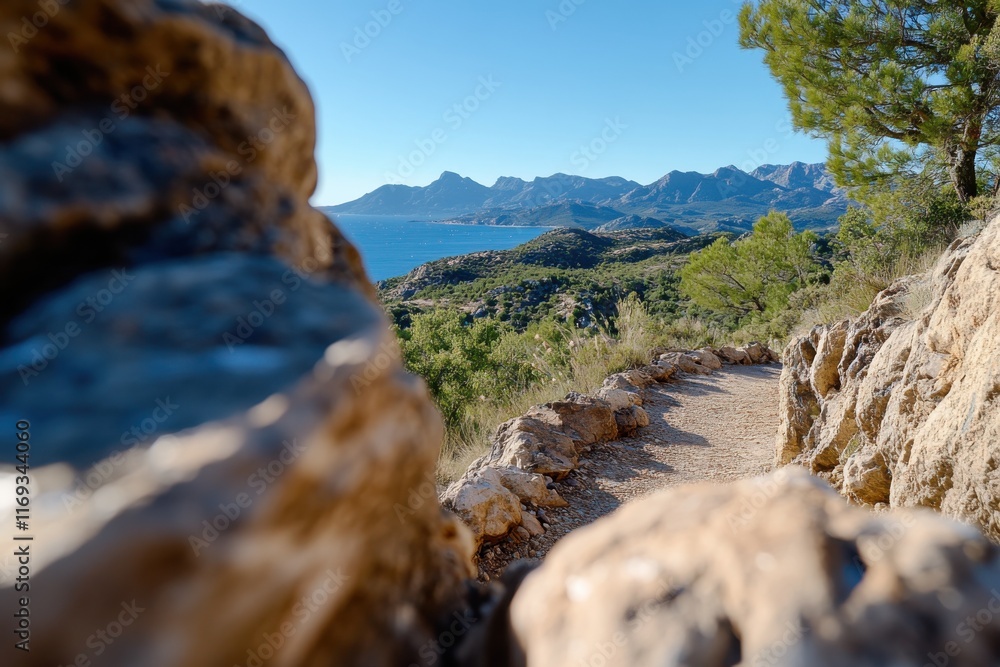 Obraz premium A picturesque coastal pathway framed by rocky formations and lush greenery, offering stunning views of the sea and mountains, inviting exploration and tranquility in nature.