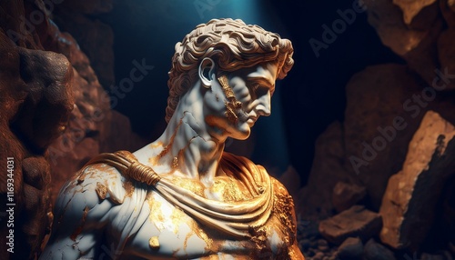 a greek man sculpture made of white marble and gold in the mountains