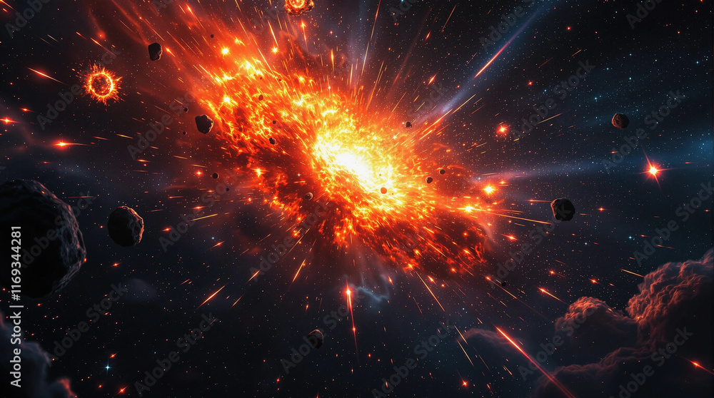Fototapeta premium Exploding Starfield: Fiery Supernova Core and Cosmic Debris | Space, Galaxy, and Universe Wallpaper Background