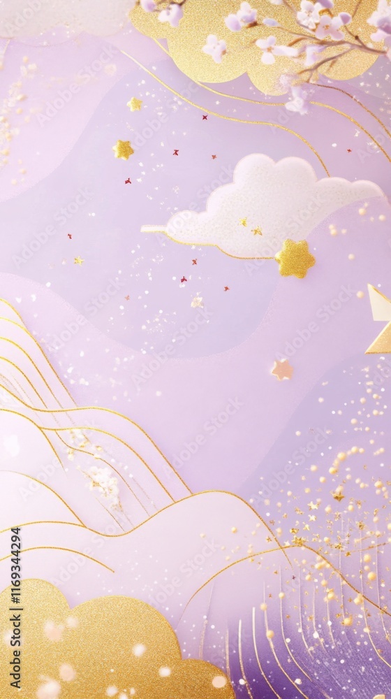 Light purple background with golden stars and Japanese patterns, delicate gold foil texture with fine lines, light lavender and white tones, cloud decoration Light purple background with golden stars and Japanese patterns, delicate gold foil texture with fine lines, light lavender and white tones, cloud decoration