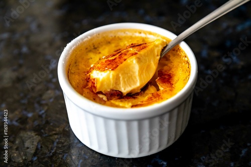 Crème brûlée, creme brule. Classic creme brulé being flambé. Burning, flaming, ramekins, vanilla beans, blowtorch, sugar