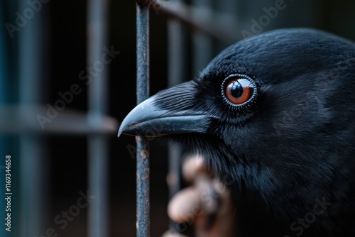 A detailed close-up of a crow's face peering through iron bars, representing themes of confinement, nature, and the instinctive curiosity of animals in restricted environments. photo