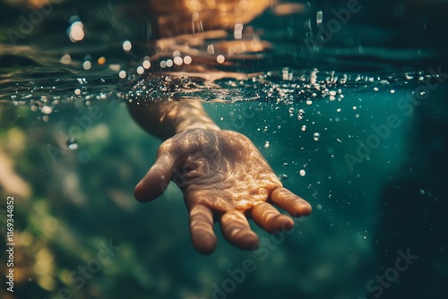 A human hand reaches out through sparkling water bubbles. photo