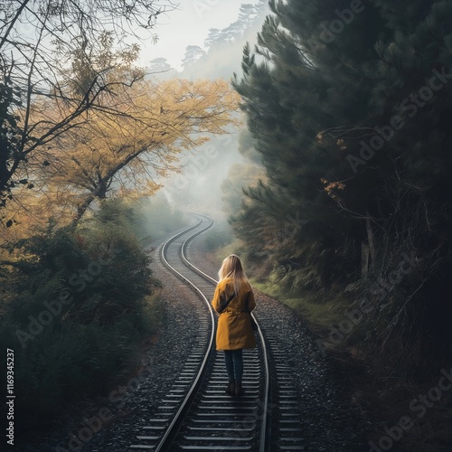 A woman strolls alone on train tracks bordered by autumn trees. photo