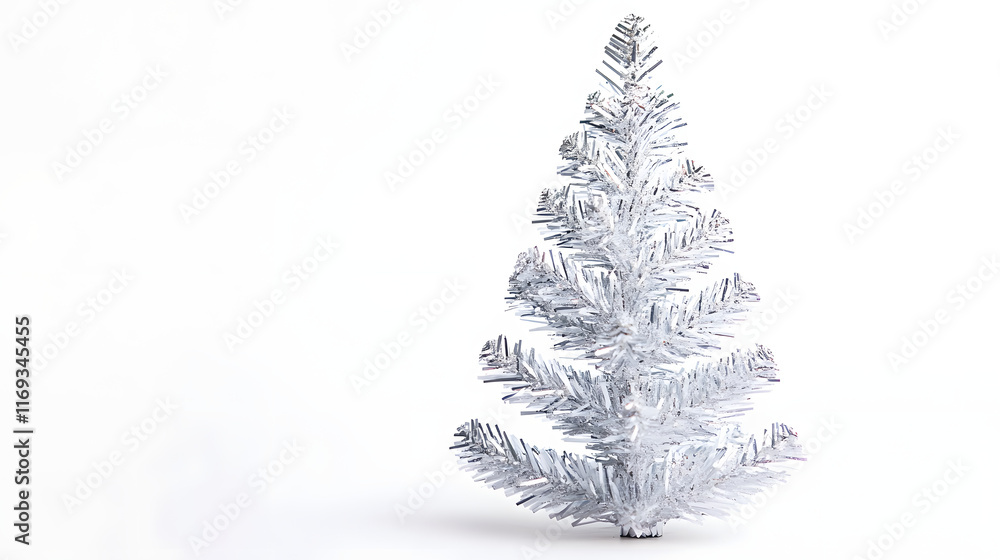 Fototapeta premium A silver tinsel Christmas tree stands on white