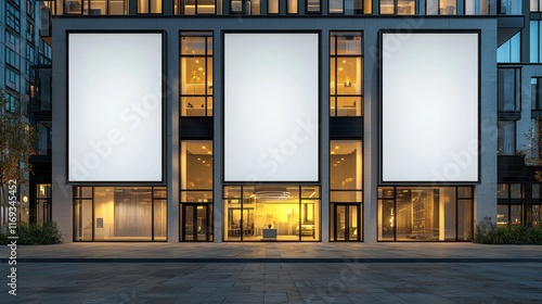 Modern building facade with blank advertising panels and illuminated interior.