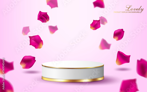 golden lines decorative white cylindrical podium and flying rose petals lovely presentation and product display background vector illustration.valentine's day and cosmetic concept backdrop.