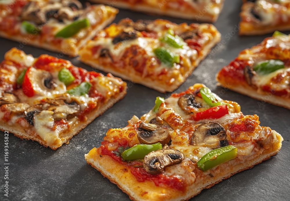 Deliciously Fresh Handmade Pizza Slices with Colorful Bell Peppers, Savory Mushrooms, and Melted Cheese on a Rustic Stone Background Deliciously Fresh Handmade Pizza Slices with Colorful Bell Peppers, Savory Mushrooms, and Melted Cheese on a Rustic Stone Background
