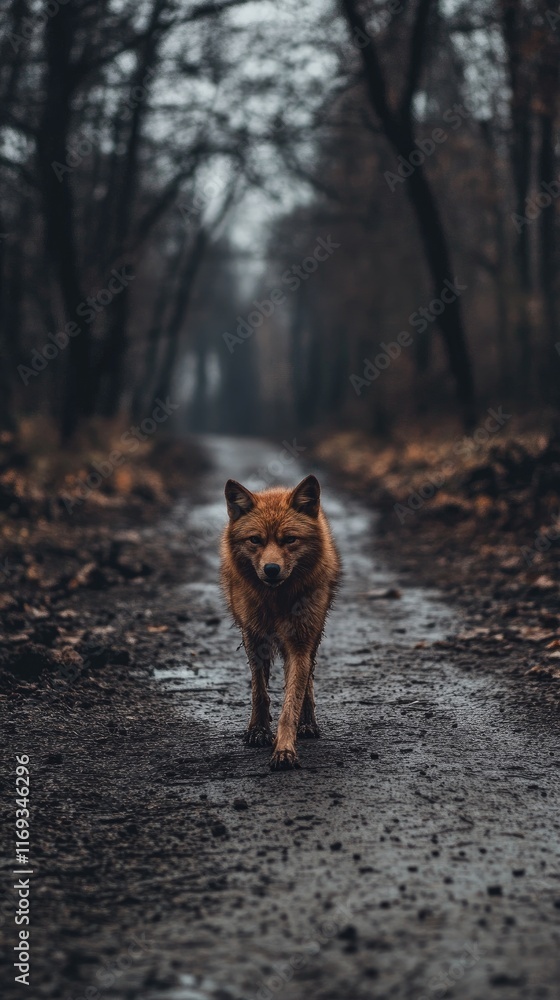 Naklejka premium Solitary Dog Walking Along a Mysterious Forest Path in Moody Weather