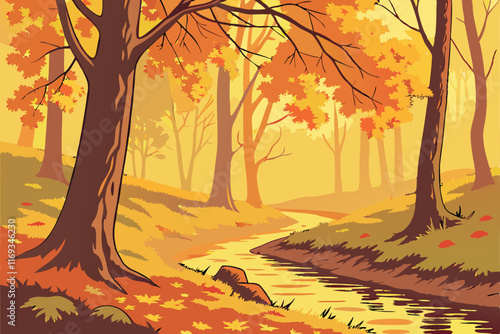 An autumn forest with golden leaves covering the ground, a peaceful stream winding through, and sunlight piercing through the trees