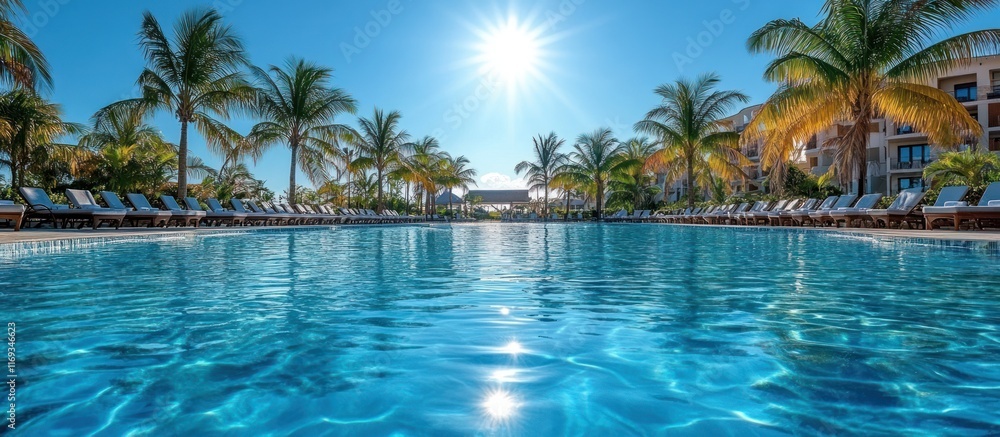 Sparkling pool with palm trees and sun loungers. Sparkling pool with palm trees and sun loungers.