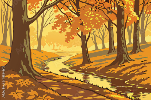 An autumn forest with golden leaves covering the ground, a peaceful stream winding through, and sunlight piercing through the trees