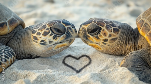 A pair of turtles gently touching their noses on a sandy beach, with a heart shape drawn in the sand between them photo