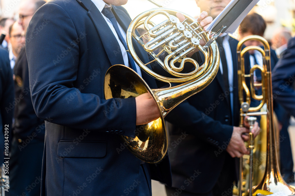Fototapeta premium Band musicians with their instruments on the street. Typical music bands in Spain.