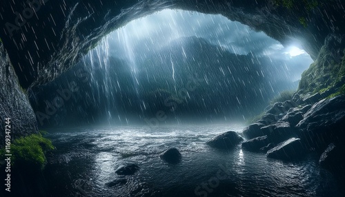 heavy rain in a mountain cave