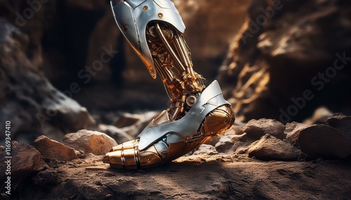 a robot foot in the mountains, white and gold metals