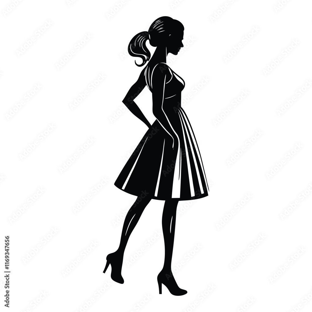 An artistic silhouette of a confident woman standing tall in a flowing dress and high heels, her tied-back hair adding elegance, set against a smooth An artistic silhouette of a confident woman standing tall in a flowing dress and high heels, her tied-back hair adding elegance, set against a smooth