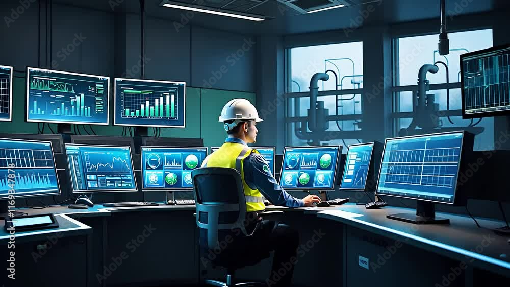 Engineer Monitoring Industrial Systems on Multiple Digital Screens in a High-Tech Control Room
Engineer Monitoring Industrial Systems on Multiple Digital Screens in a High-Tech Control Room