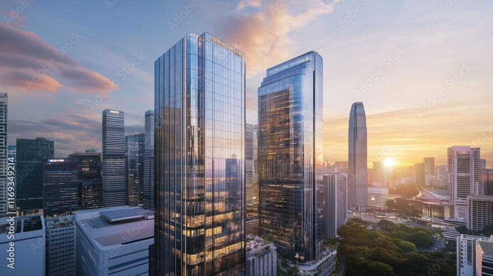 Fototapeta premium Golden Hour Skyscrapers: A Stunning Cityscape at Sunset