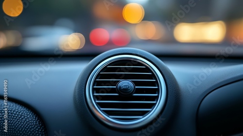 A close-up of a modern car air vent with a blurred background of city lights photo