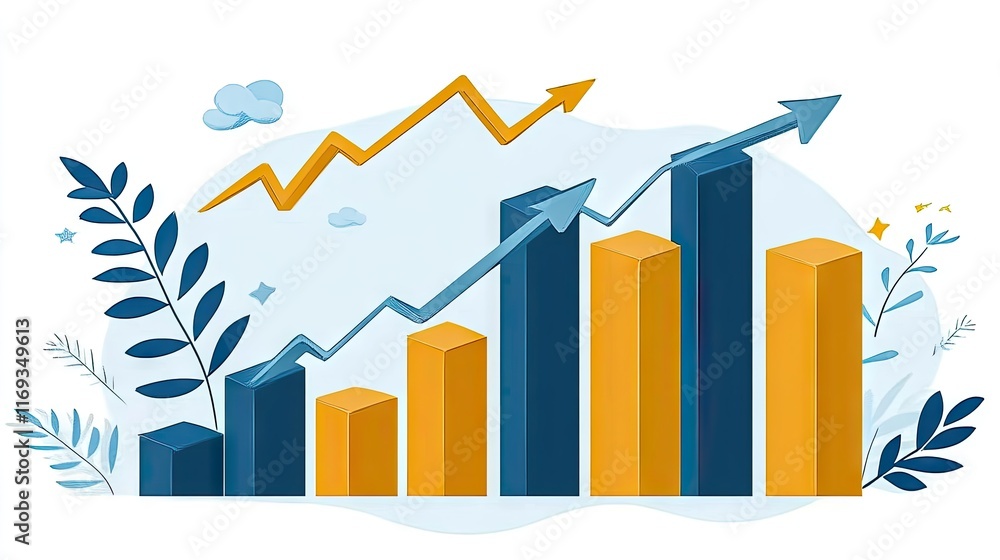 A bar graph with an upward arrow symbolizes growth and success. Ideal for business presentations, financial reports, or marketing materials to visually represent positive progress. A bar graph with an upward arrow symbolizes growth and success. Ideal for business presentations, financial reports, or marketing materials to visually represent positive progress.