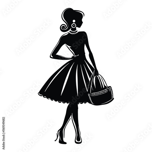 A dark silhouette of a fashionable woman dressed in a flared dress, accessorized with earrings and a small purse