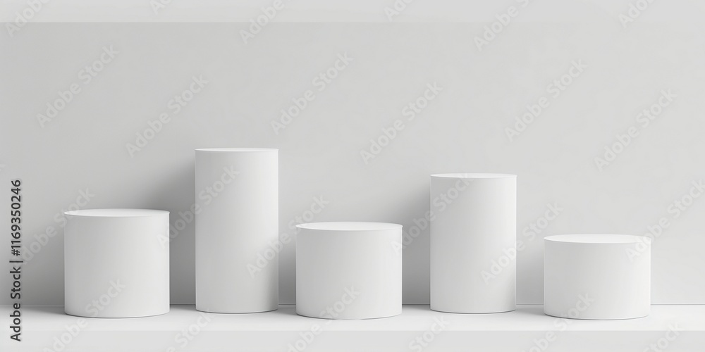 Minimalist Monochromatic Cylindrical Pedestals in Modern Geometric Arrangement on White Background Minimalist Monochromatic Cylindrical Pedestals in Modern Geometric Arrangement on White Background