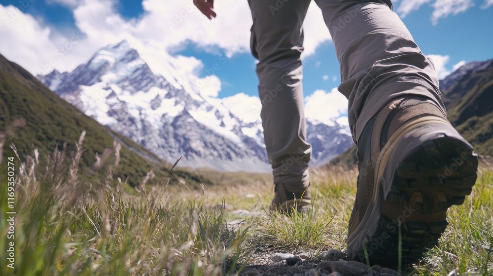 Hiking Boots on Mountain Trail, Majestic Peak in Background Hiking Boots on Mountain Trail, Majestic Peak in Background