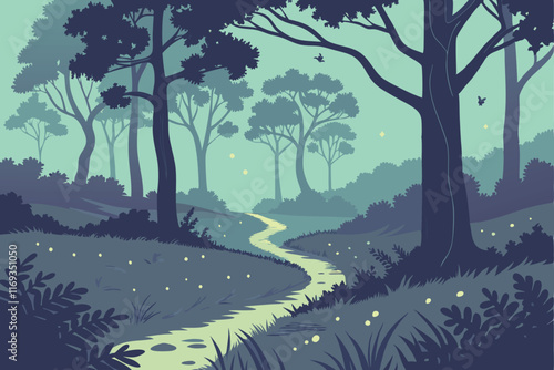 An enchanting forest at twilight, with scattered glowing lights resembling fireflies, winding paths leading to unseen destinations, and a sense of mystery and infinite possibilities