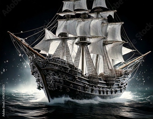ship sailing in the sea, storm at night