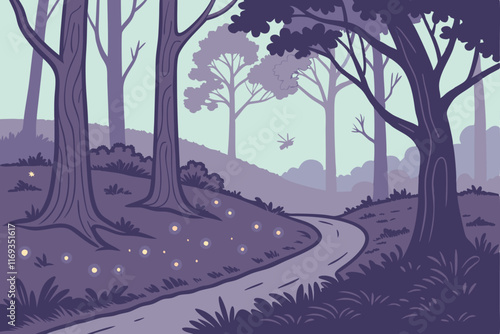 An enchanting forest at twilight, with scattered glowing lights resembling fireflies, winding paths leading to unseen destinations, and a sense of mystery and infinite possibilities